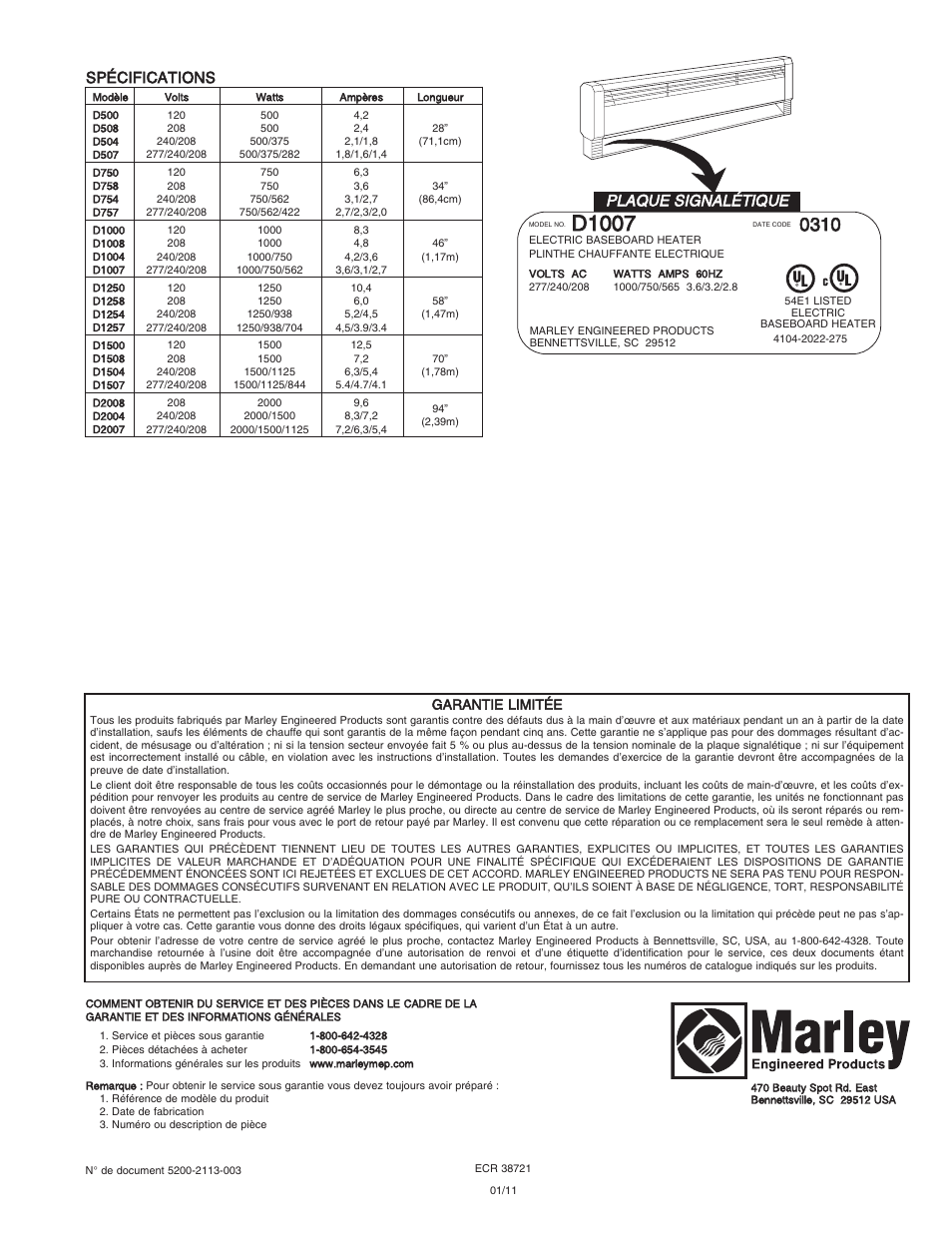 D1007, Spécifications, Plaque signalétique | Garantie limitée | Qmark CBD Series - Heavy-Duty Commercial Baseboard Heaters User Manual | Page 18 / 18