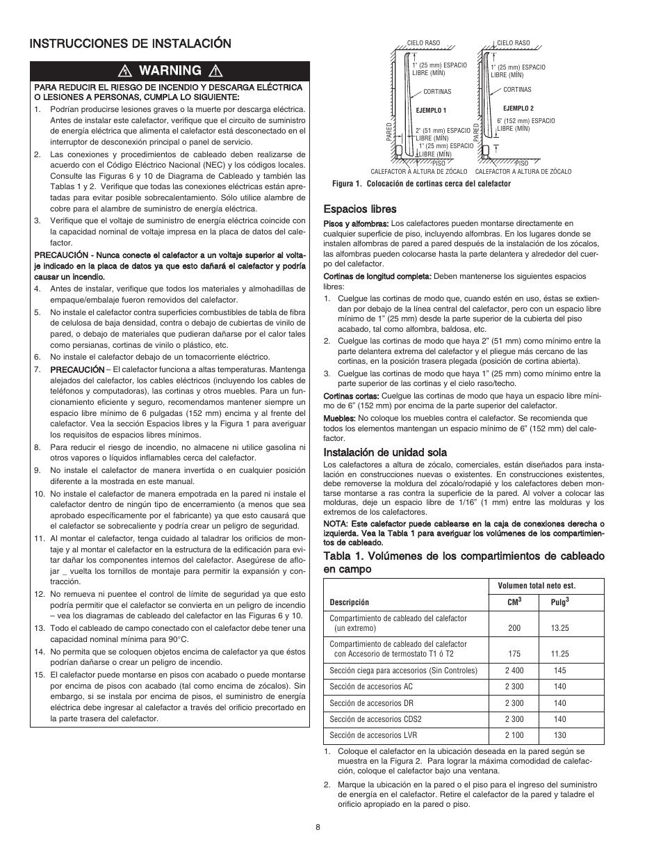 Instrucciones de instalación, Espacios libres, Instalación de unidad sola | Qmark CBD Series - Heavy-Duty Commercial Baseboard Heaters User Manual | Page 8 / 18