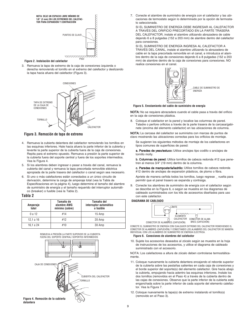 Tabla 2, Figura 3. remoción de tapa de extremo | Qmark CBD Series - Heavy-Duty Commercial Baseboard Heaters User Manual | Page 9 / 18
