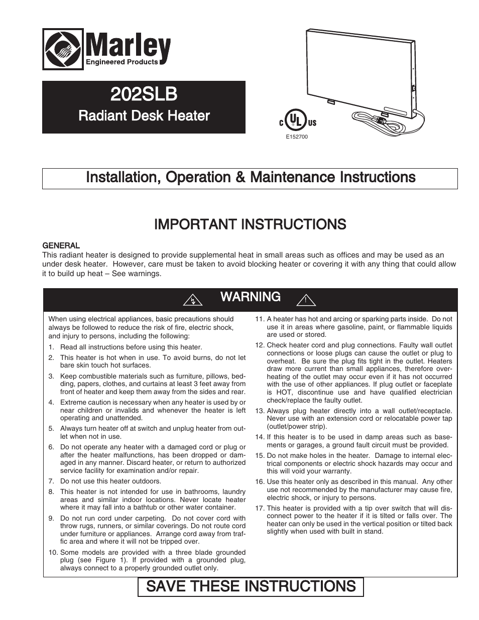 Qmark 202SL - Radiant Plug-In Under Desk Heater User Manual | 6 pages