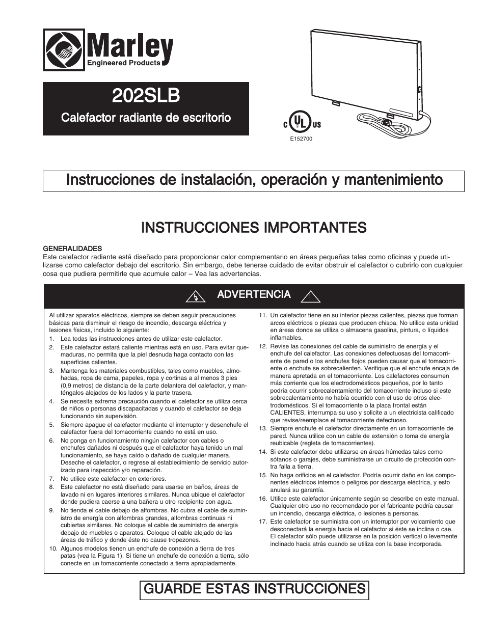 202slb, Instrucciones importantes, Guarde estas instrucciones | Calefactor radiante de escritorio, Advertencia | Qmark 202SL - Radiant Plug-In Under Desk Heater User Manual | Page 3 / 6