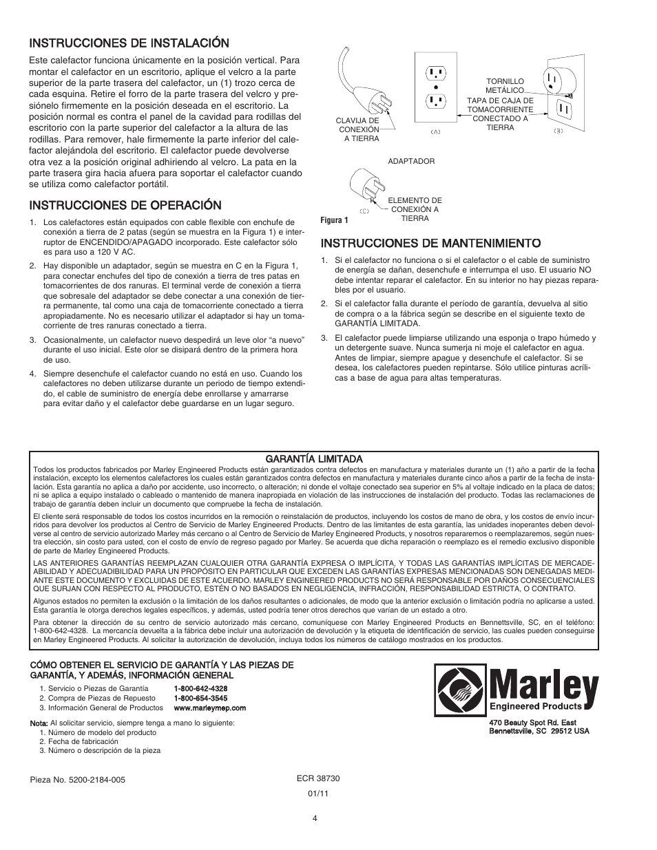 Instrucciones de instalación, Instrucciones de operación, Instrucciones de mantenimiento | Qmark 202SL - Radiant Plug-In Under Desk Heater User Manual | Page 4 / 6