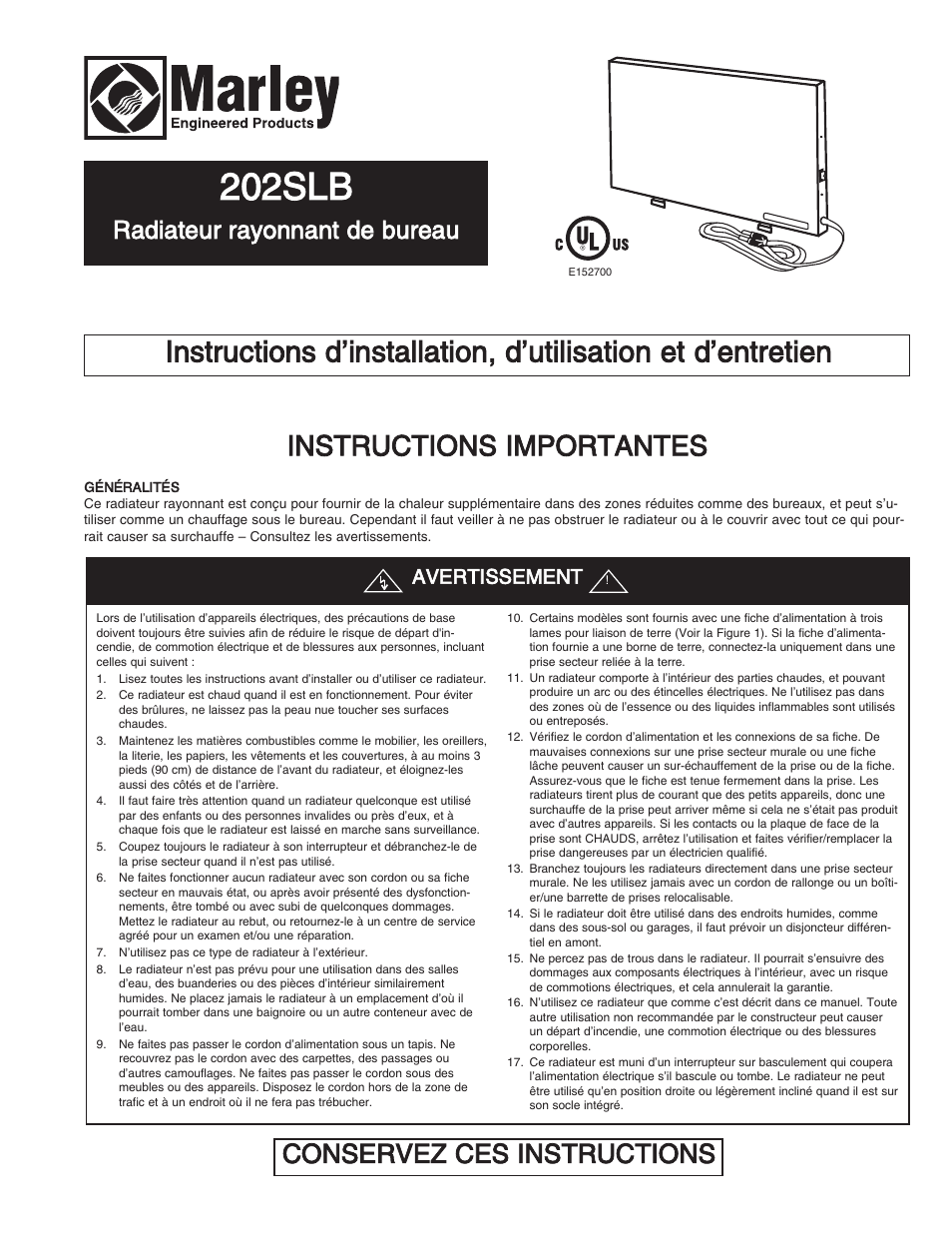 202slb, Instructions importantes, Conservez ces instructions | Radiateur rayonnant de bureau, Avertissement | Qmark 202SL - Radiant Plug-In Under Desk Heater User Manual | Page 5 / 6