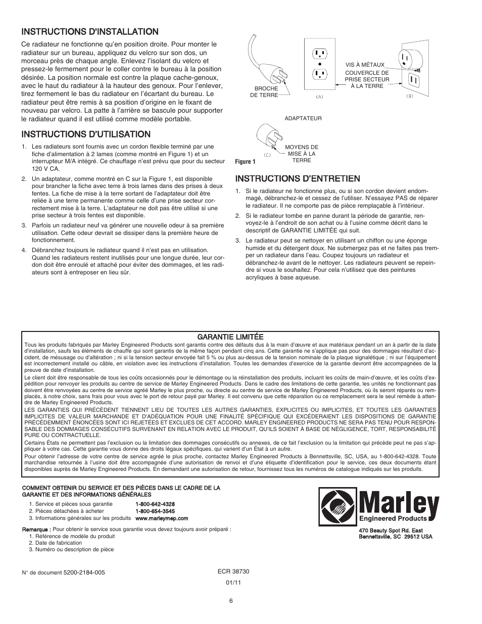 Instructions d'installation, Instructions d’utilisation, Instructions d’entretien | Qmark 202SL - Radiant Plug-In Under Desk Heater User Manual | Page 6 / 6