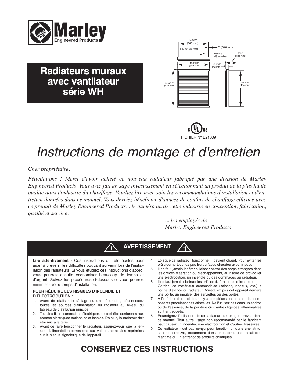 Instructions de montage et d'entretien, Radiateurs muraux avec vantilateur série wh, Conservez ces instructions | Avertissement | Qmark AWH4000 Series - Architectural Heavy-Duty Wall Heaters User Manual | Page 11 / 15