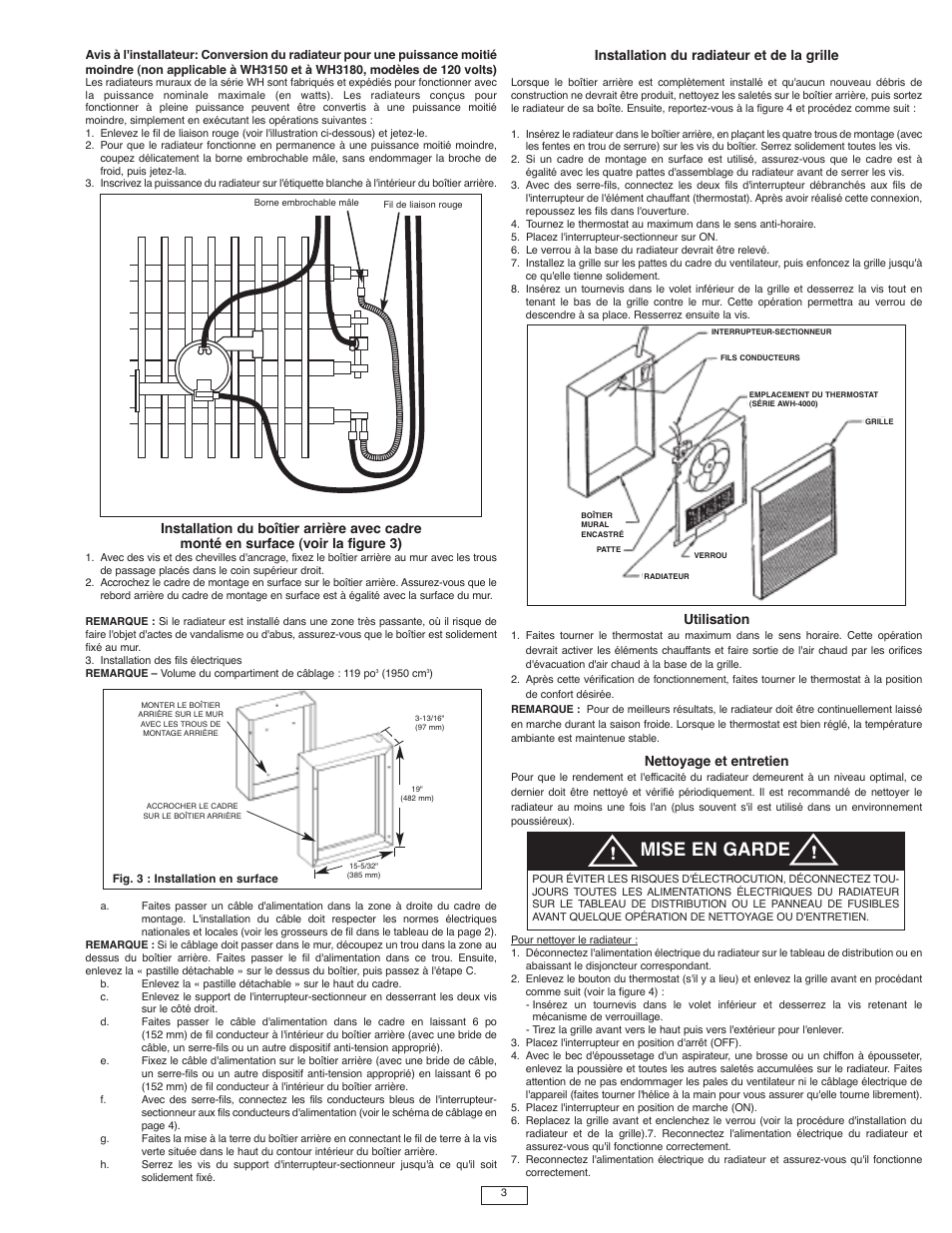Mise en garde, Installation du radiateur et de la grille, Utilisation | Nettoyage et entretien | Qmark AWH4000 Series - Architectural Heavy-Duty Wall Heaters User Manual | Page 13 / 15