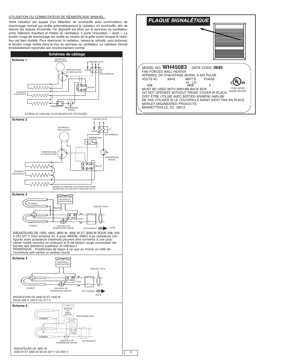 Plaque signalétique, Schémas de câblage, Model no | Date code | Qmark AWH4000 Series - Architectural Heavy-Duty Wall Heaters User Manual | Page 14 / 15