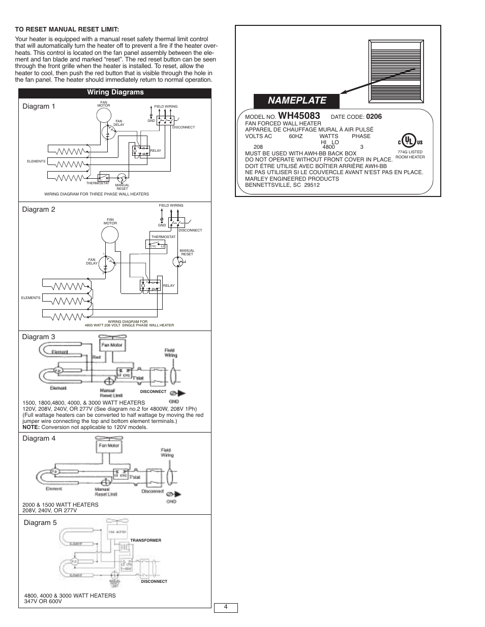 Nameplate, Wiring diagrams | Qmark AWH4000 Series - Architectural Heavy-Duty Wall Heaters User Manual | Page 4 / 15