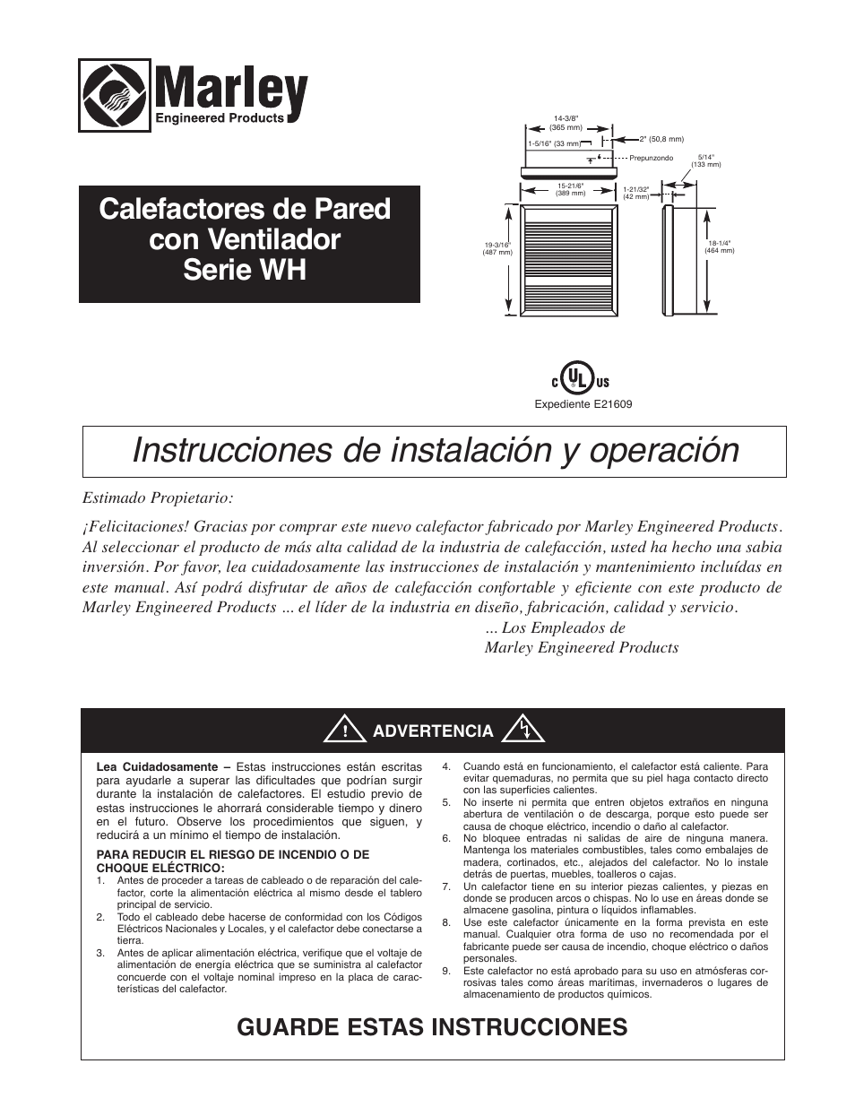 Instrucciones de instalación y operación, Calefactores de pared con ventilador serie wh, Guarde estas instrucciones | Advertencia | Qmark AWH4000 Series - Architectural Heavy-Duty Wall Heaters User Manual | Page 6 / 15