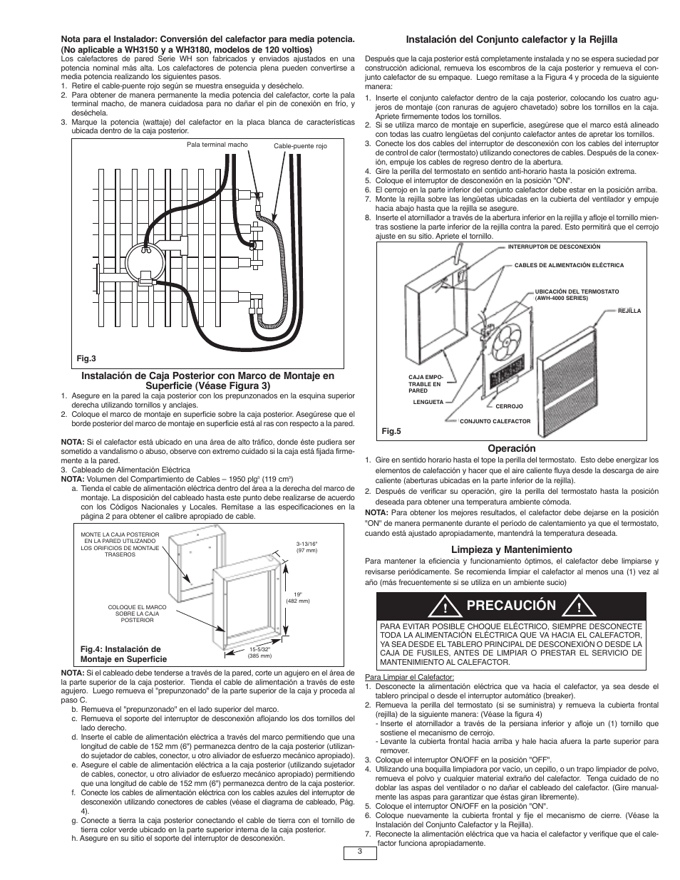 Precaución, Instalación del conjunto calefactor y la rejilla, Operación | Limpieza y mantenimiento | Qmark AWH4000 Series - Architectural Heavy-Duty Wall Heaters User Manual | Page 8 / 15