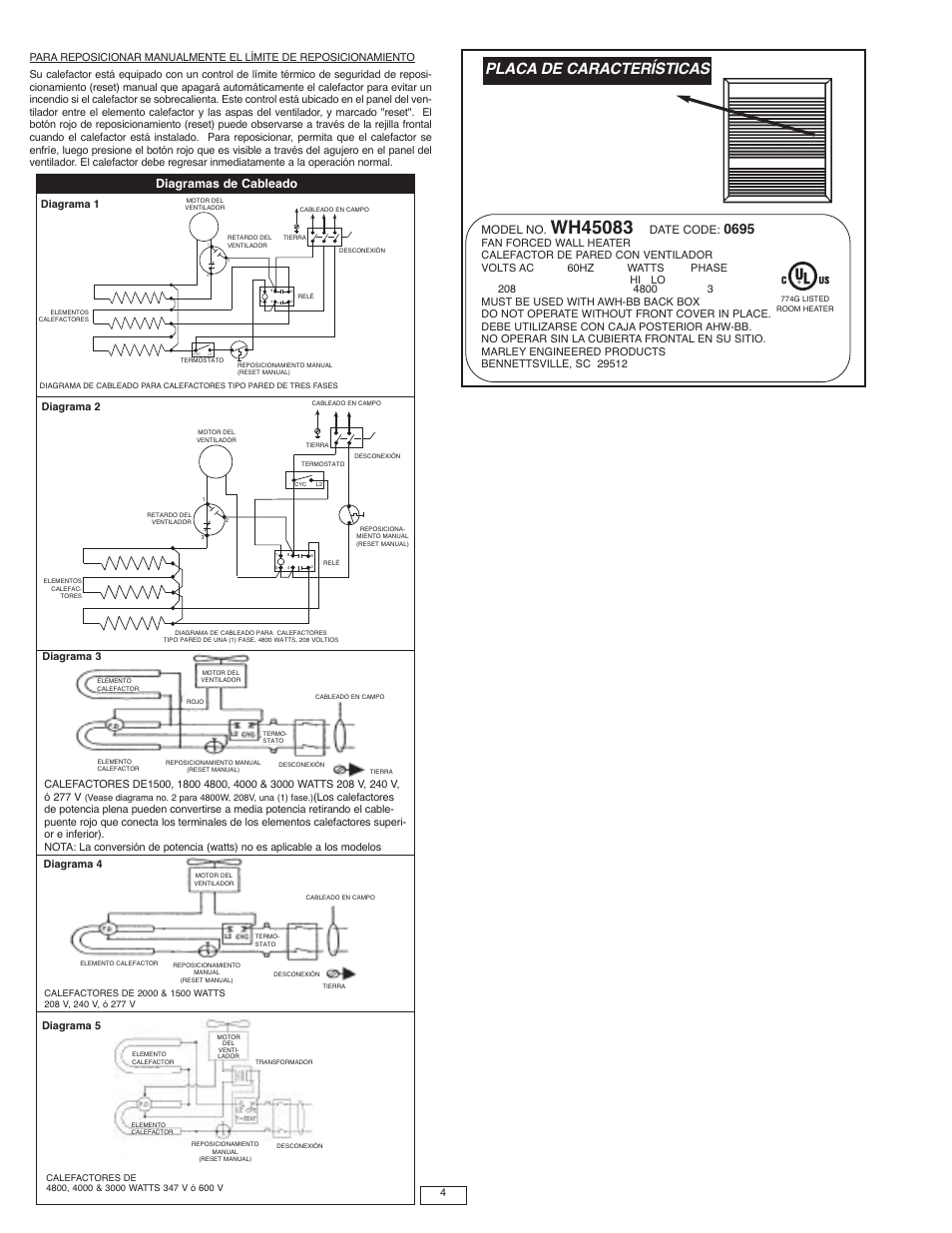 Placa de características, Diagramas de cableado, Model no | Date code | Qmark AWH4000 Series - Architectural Heavy-Duty Wall Heaters User Manual | Page 9 / 15