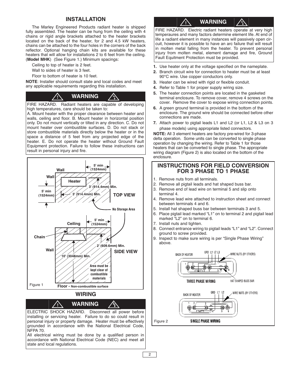 Installation, Warning, Wiring | Qmark BRM - Industrial Infrared Heaters User Manual | Page 2 / 4