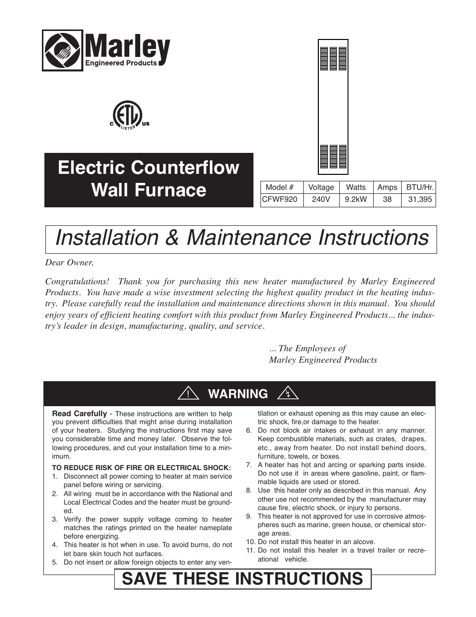 Qmark CFWF - Counterflow Electric Wall Furnace User Manual | 32 pages