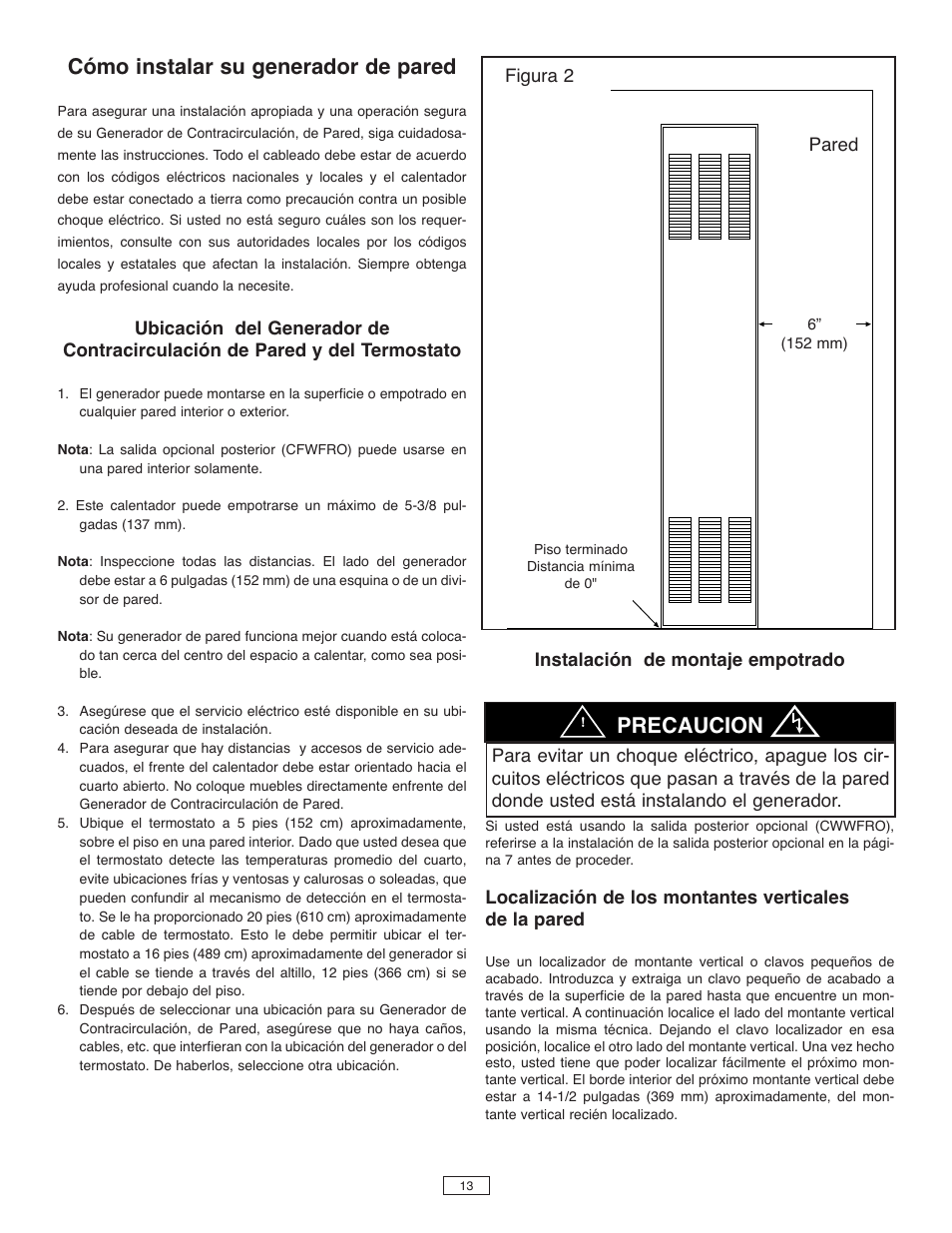 Cómo instalar su generador de pared, Precaucion | Qmark CFWF - Counterflow Electric Wall Furnace User Manual | Page 13 / 32