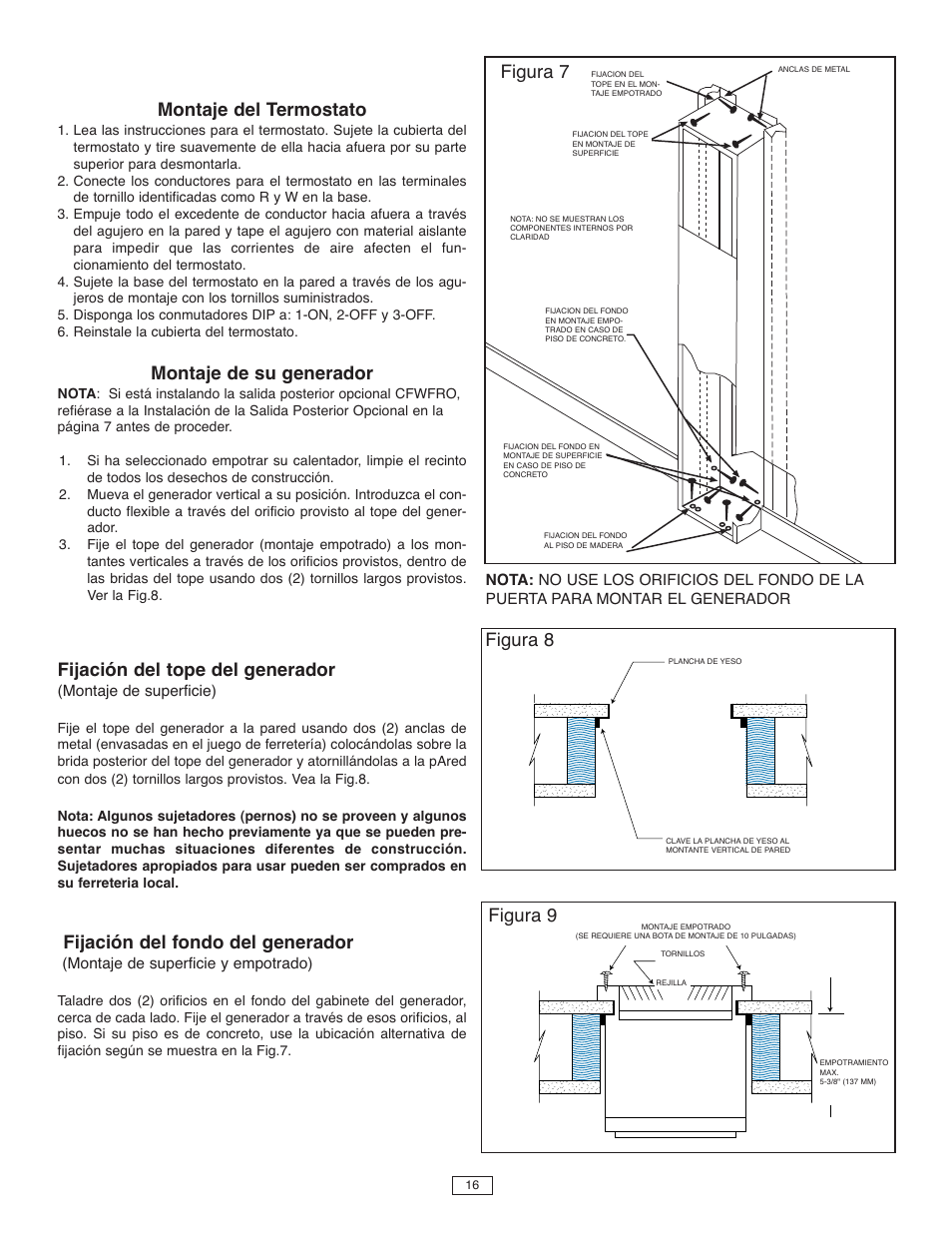 Montaje del termostato, Montaje de su generador, Fijación del tope del generador | Fijación del fondo del generador, Figura 7, Figura 8 figura 9 | Qmark CFWF - Counterflow Electric Wall Furnace User Manual | Page 16 / 32