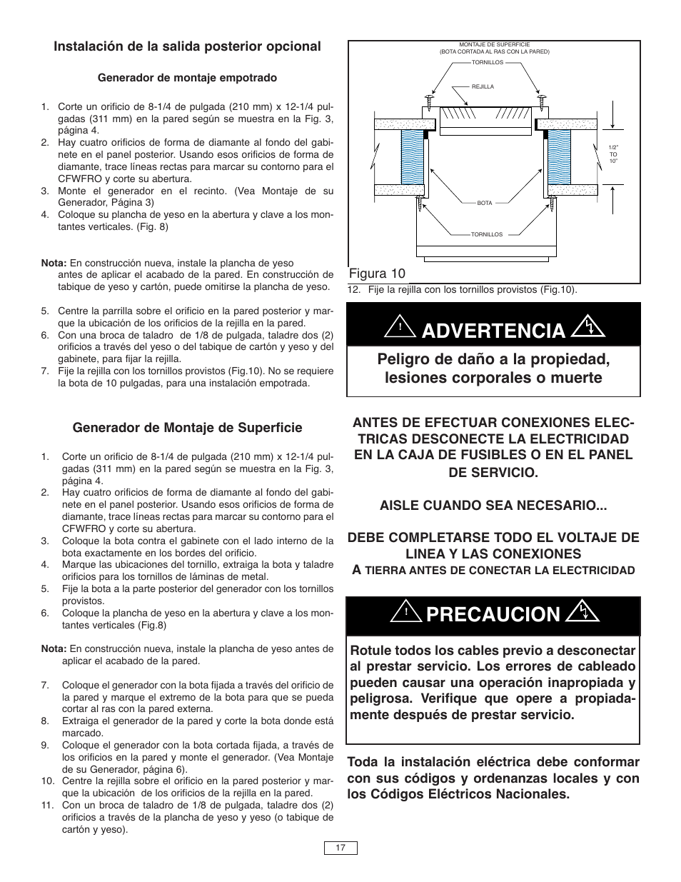 Advertencia, Precaucion | Qmark CFWF - Counterflow Electric Wall Furnace User Manual | Page 17 / 32