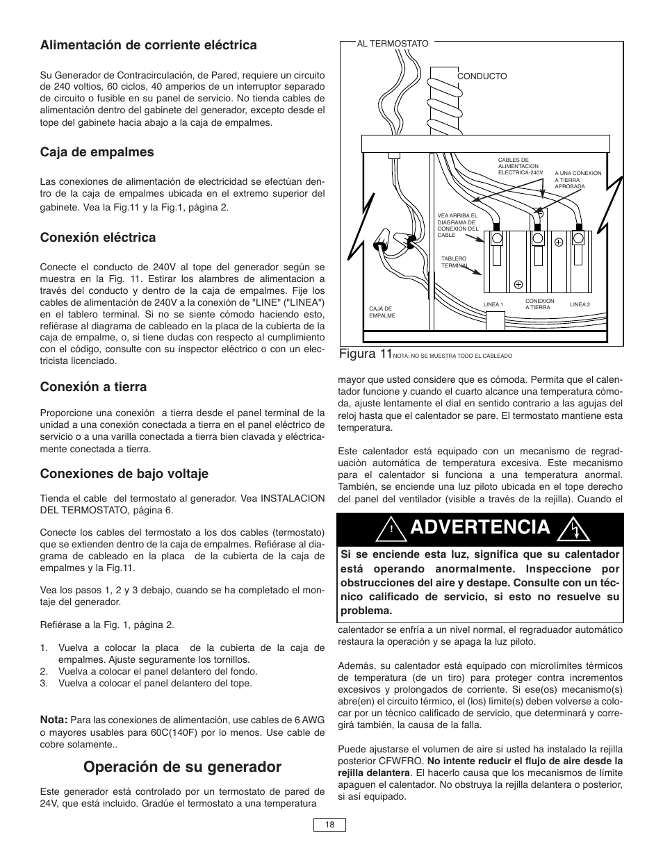 Advertencia, Operación de su generador, Alimentación de corriente eléctrica | Caja de empalmes, Conexión eléctrica, Conexión a tierra, Conexiones de bajo voltaje, Figura 11 | Qmark CFWF - Counterflow Electric Wall Furnace User Manual | Page 18 / 32