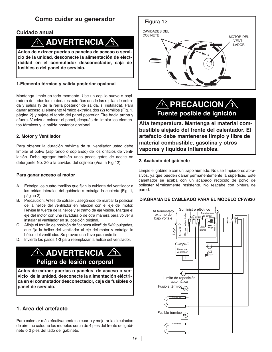 Precaucion, Advertencia, Como cuidar su generador | Fuente posible de ignición, Peligro de lesión corporal, Cuidado anual, Area del artefacto, Figura 12 | Qmark CFWF - Counterflow Electric Wall Furnace User Manual | Page 19 / 32