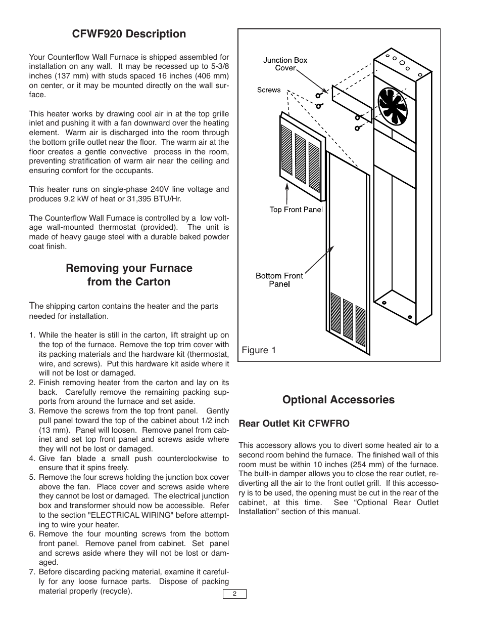 Cfwf920 description, Removing your furnace from the carton, Optional accessories | Qmark CFWF - Counterflow Electric Wall Furnace User Manual | Page 2 / 32