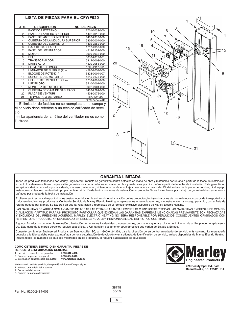 Lista de piezas para el cfwf920, Garantia limitada | Qmark CFWF - Counterflow Electric Wall Furnace User Manual | Page 21 / 32