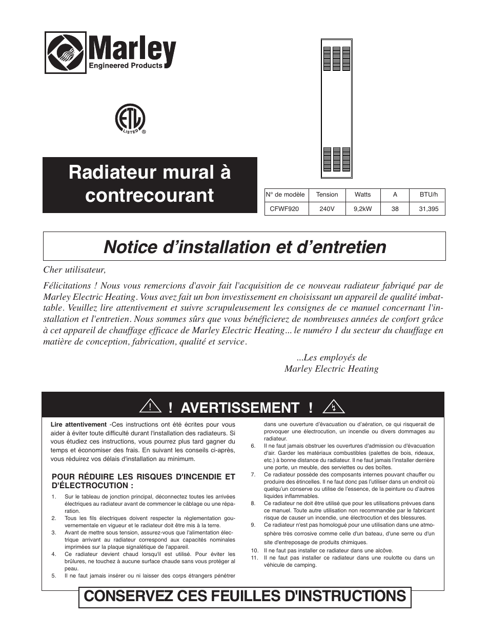 Radiateur mural à contrecourant, Notice dʼinstallation et dʼentretien, Conservez ces feuilles d'instructions | Avertissement | Qmark CFWF - Counterflow Electric Wall Furnace User Manual | Page 22 / 32