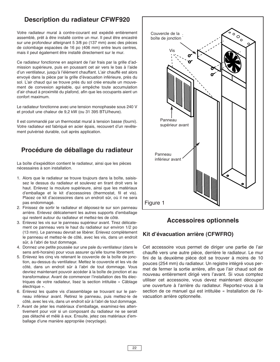 Description du radiateur cfwf920, Procédure de déballage du radiateur, Accessoires optionnels | Kit dʼévacuation arrière (cfwfro), Figure 1 | Qmark CFWF - Counterflow Electric Wall Furnace User Manual | Page 23 / 32