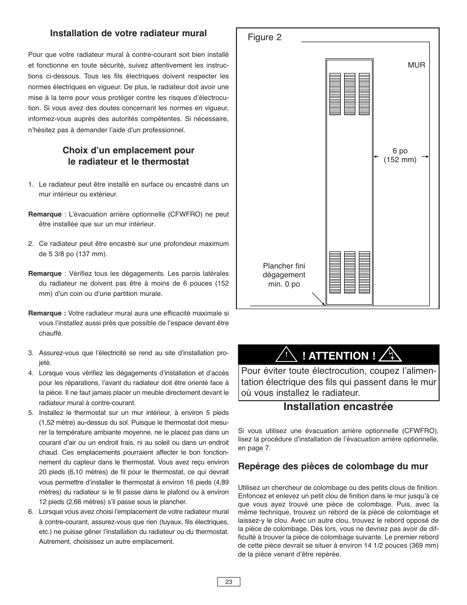 Installation encastrée, Attention | Qmark CFWF - Counterflow Electric Wall Furnace User Manual | Page 24 / 32