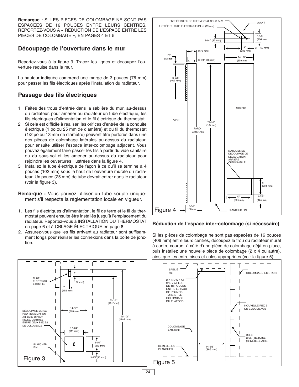 Découpage de lʼouverture dans le mur, Passage des fils électriques, Figure 3 figure 4 | Figure 5 | Qmark CFWF - Counterflow Electric Wall Furnace User Manual | Page 25 / 32