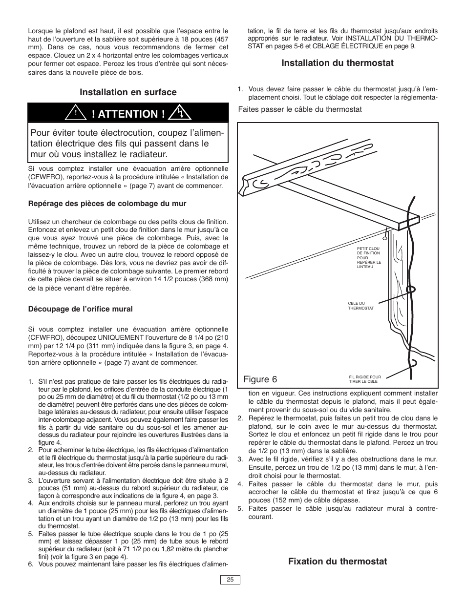 Attention, Installation en surface, Installation du thermostat | Fixation du thermostat, Figure 6 | Qmark CFWF - Counterflow Electric Wall Furnace User Manual | Page 26 / 32
