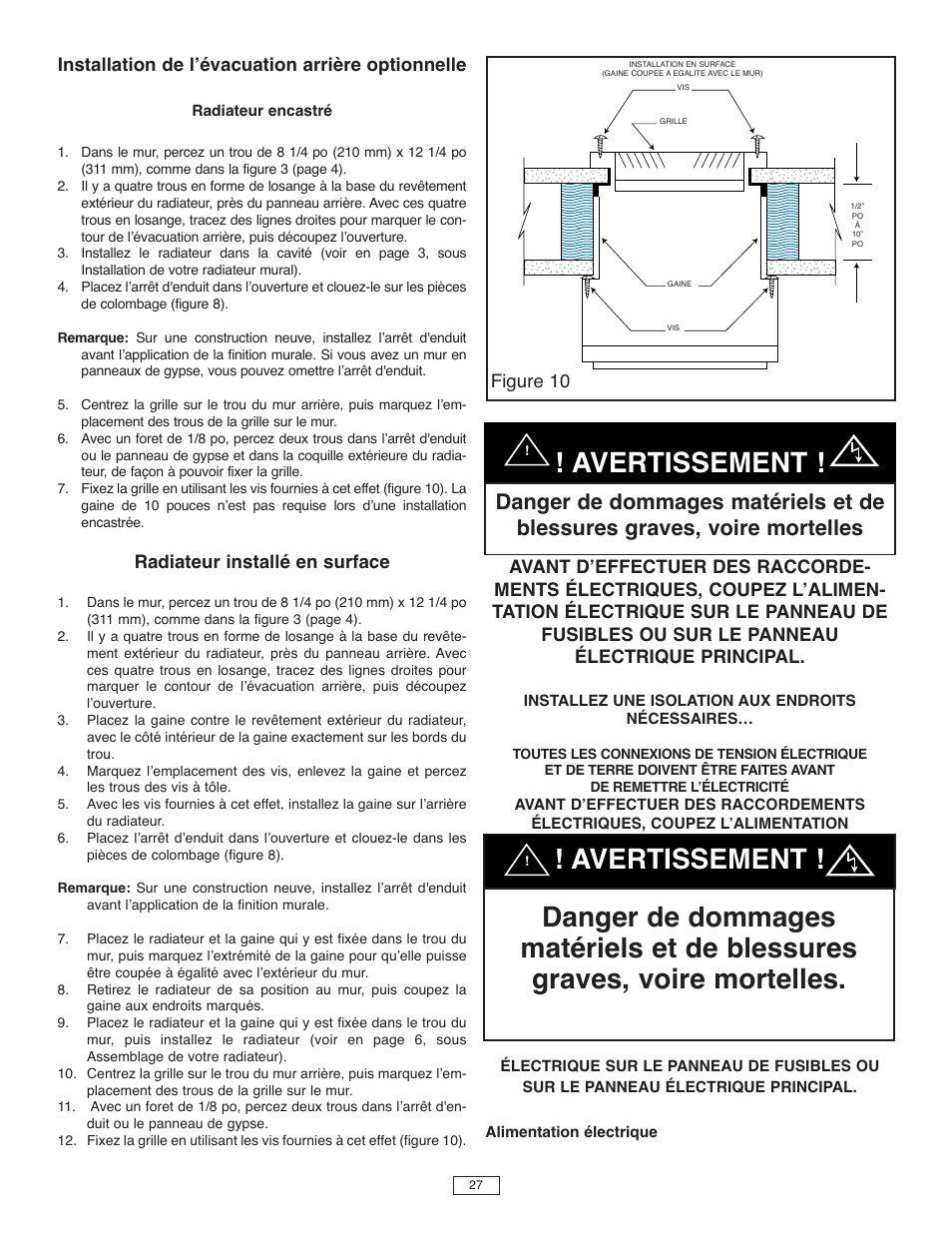 Avertissement, Installation de lʼévacuation arrière optionnelle, Radiateur installé en surface | Figure 10 | Qmark CFWF - Counterflow Electric Wall Furnace User Manual | Page 28 / 32