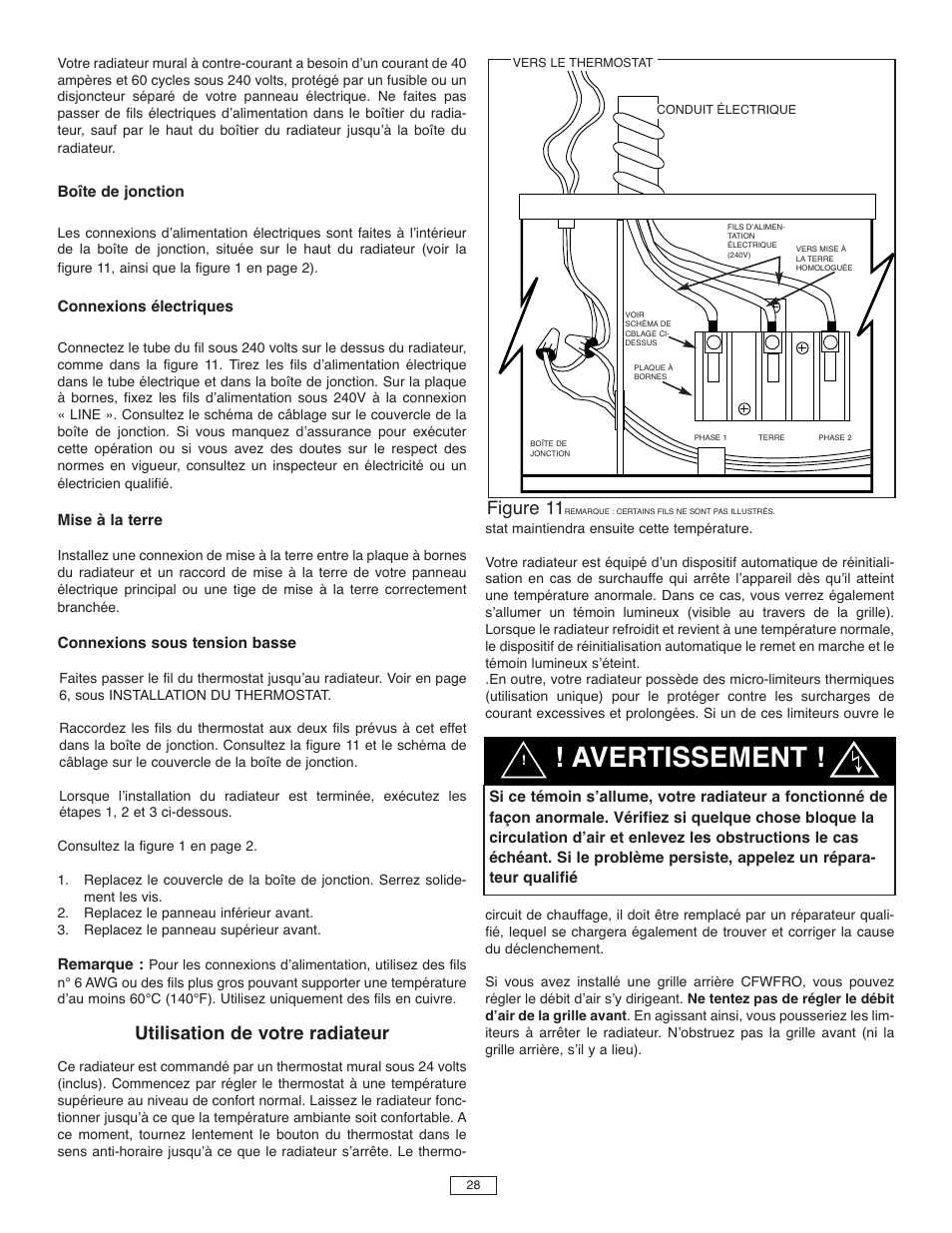 Avertissement, Utilisation de votre radiateur, Figure 11 | Qmark CFWF - Counterflow Electric Wall Furnace User Manual | Page 29 / 32