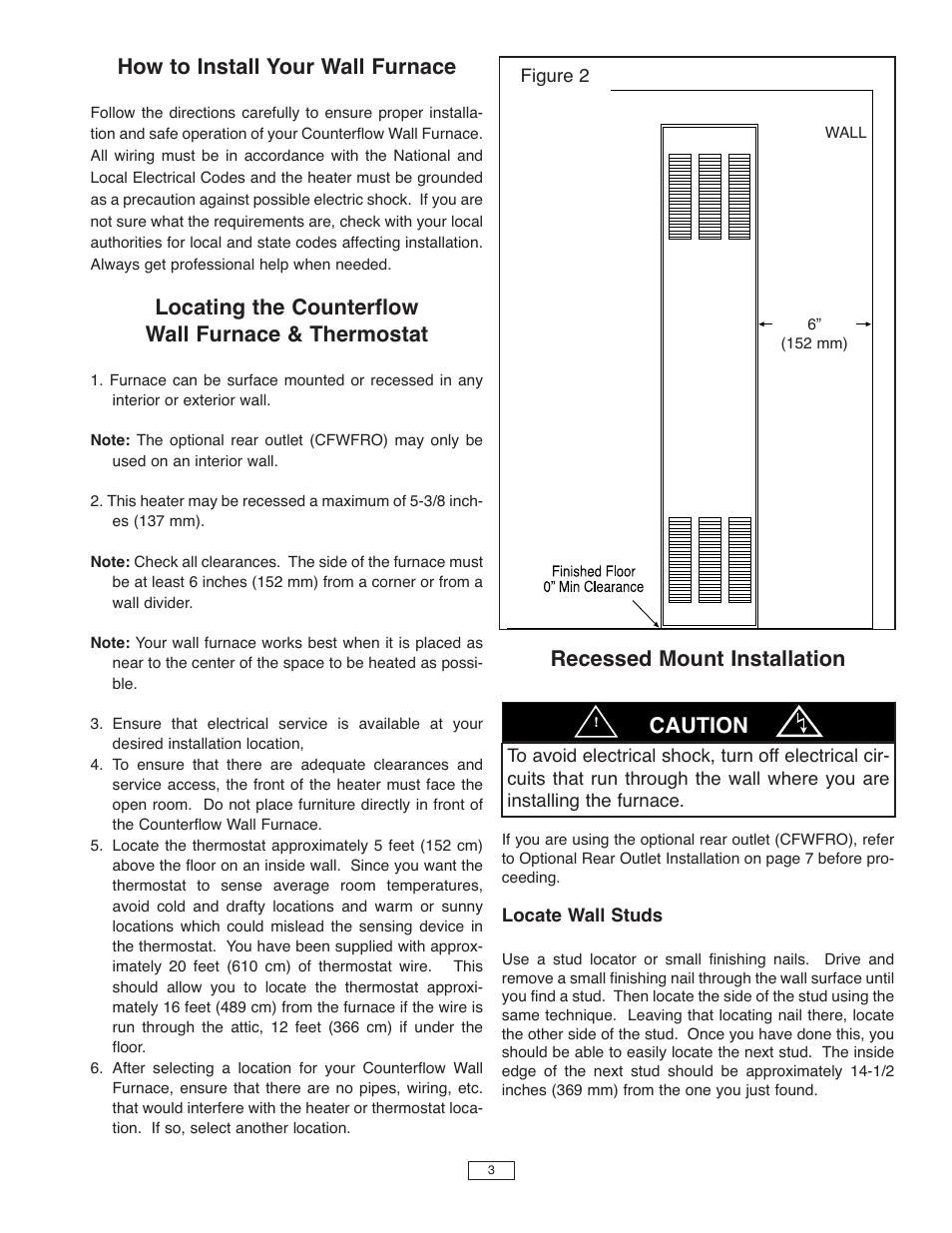How to install your wall furnace, Locating the counterflow wall furnace & thermostat, Recessed mount installation | Caution | Qmark CFWF - Counterflow Electric Wall Furnace User Manual | Page 3 / 32