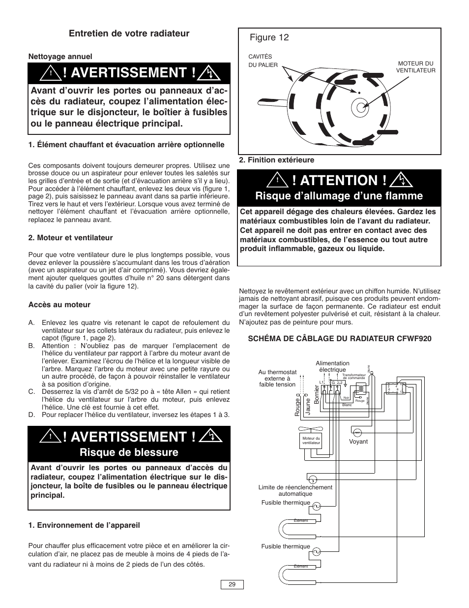 Attention, Avertissement, Risque dʼallumage dʼune flamme | Risque de blessure, Entretien de votre radiateur, Figure 12 | Qmark CFWF - Counterflow Electric Wall Furnace User Manual | Page 30 / 32