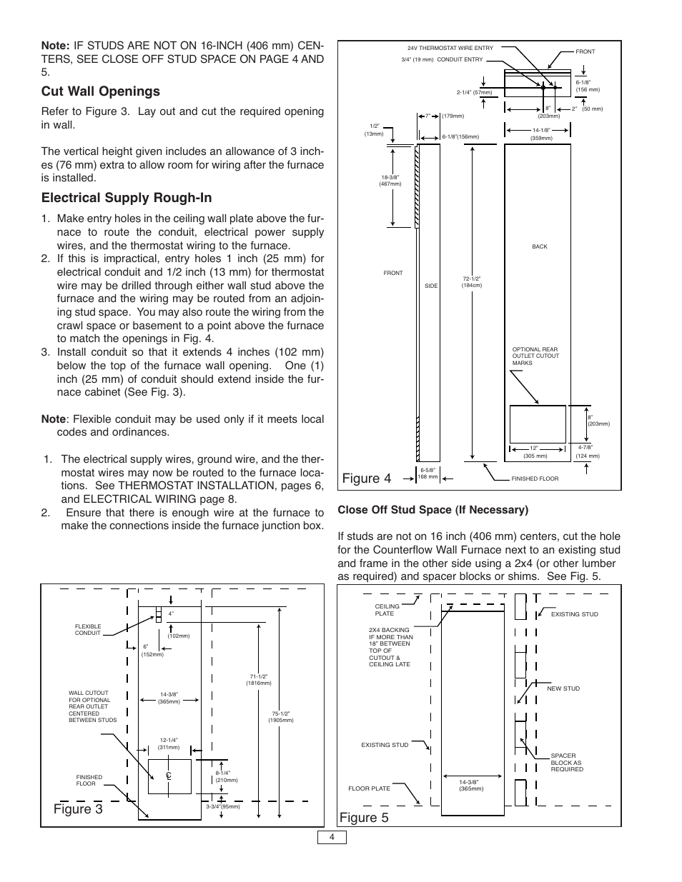 Cut wall openings, Electrical supply rough-in, Figure 3 figure 4 | Figure 5 | Qmark CFWF - Counterflow Electric Wall Furnace User Manual | Page 4 / 32
