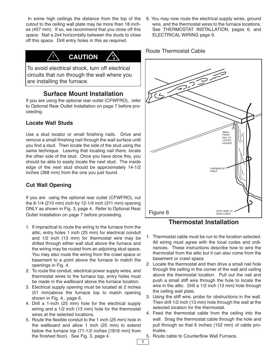 Surface mount installation, Thermostat installation, Caution | Qmark CFWF - Counterflow Electric Wall Furnace User Manual | Page 5 / 32