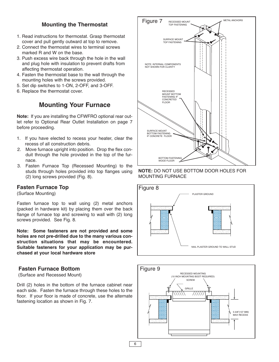 Mounting your furnace, Mounting the thermostat, Fasten furnace top | Fasten furnace bottom, Figure 7, Figure 8 figure 9 | Qmark CFWF - Counterflow Electric Wall Furnace User Manual | Page 6 / 32