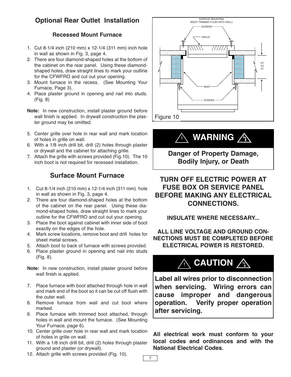 Warning, Caution, Optional rear outlet installation | Surface mount furnace | Qmark CFWF - Counterflow Electric Wall Furnace User Manual | Page 7 / 32