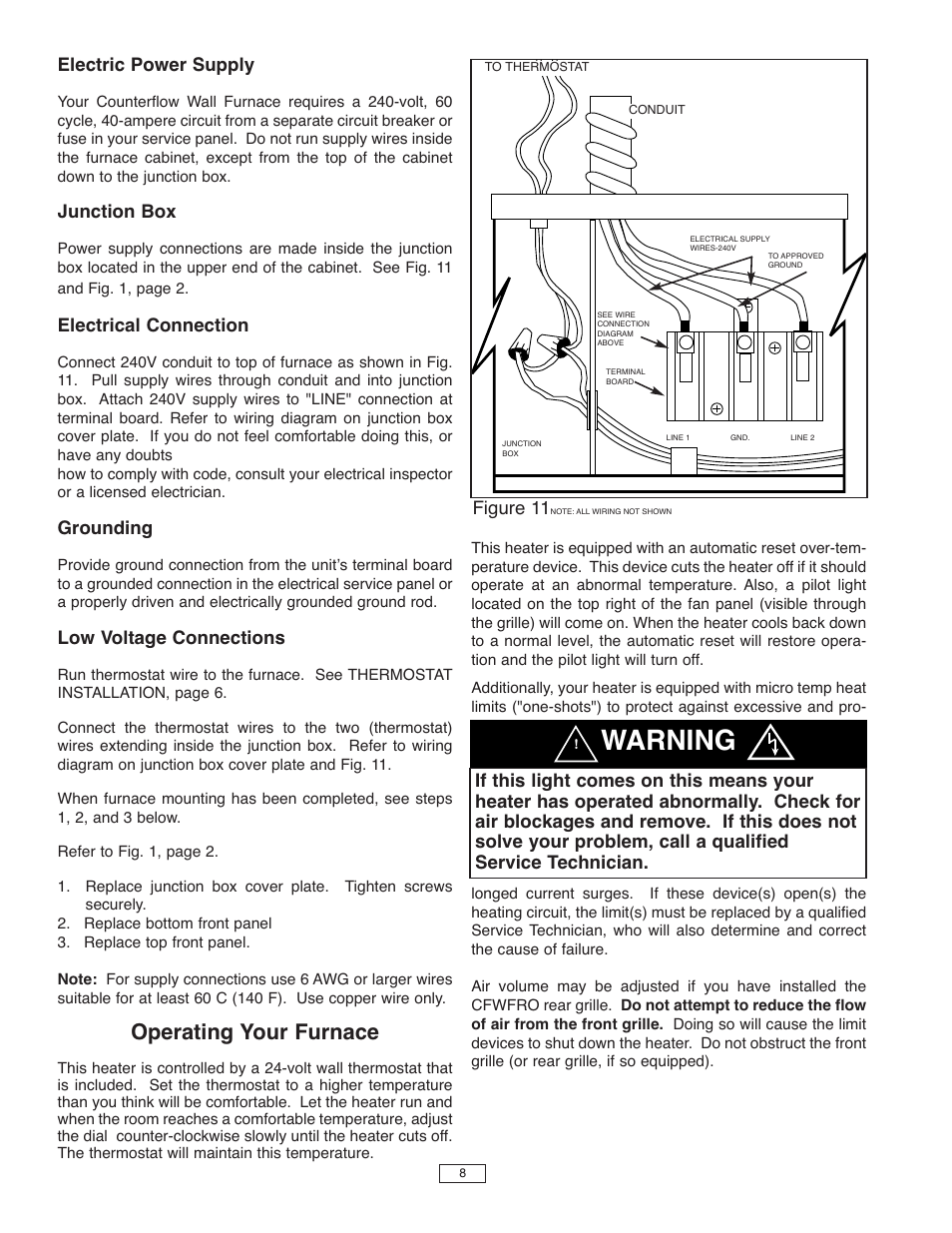 Warning, Operating your furnace, Electric power supply | Junction box, Electrical connection, Grounding, Low voltage connections, Figure 11 | Qmark CFWF - Counterflow Electric Wall Furnace User Manual | Page 8 / 32