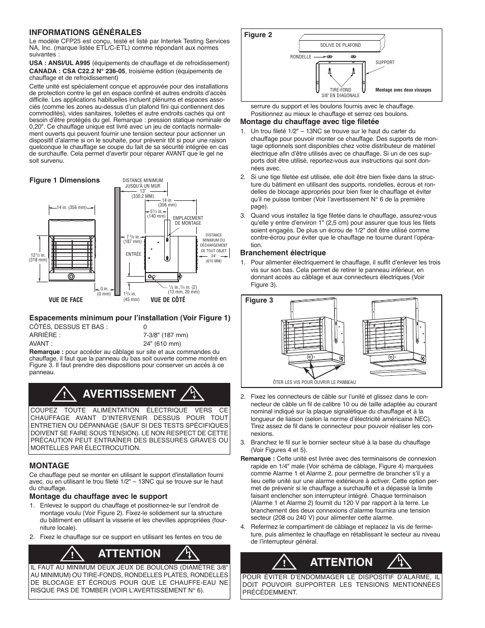 Avertissement, Attention, Informations générales | Montage | Qmark CHPR25 - Compact Freeze Protection Heater User Manual | Page 10 / 12