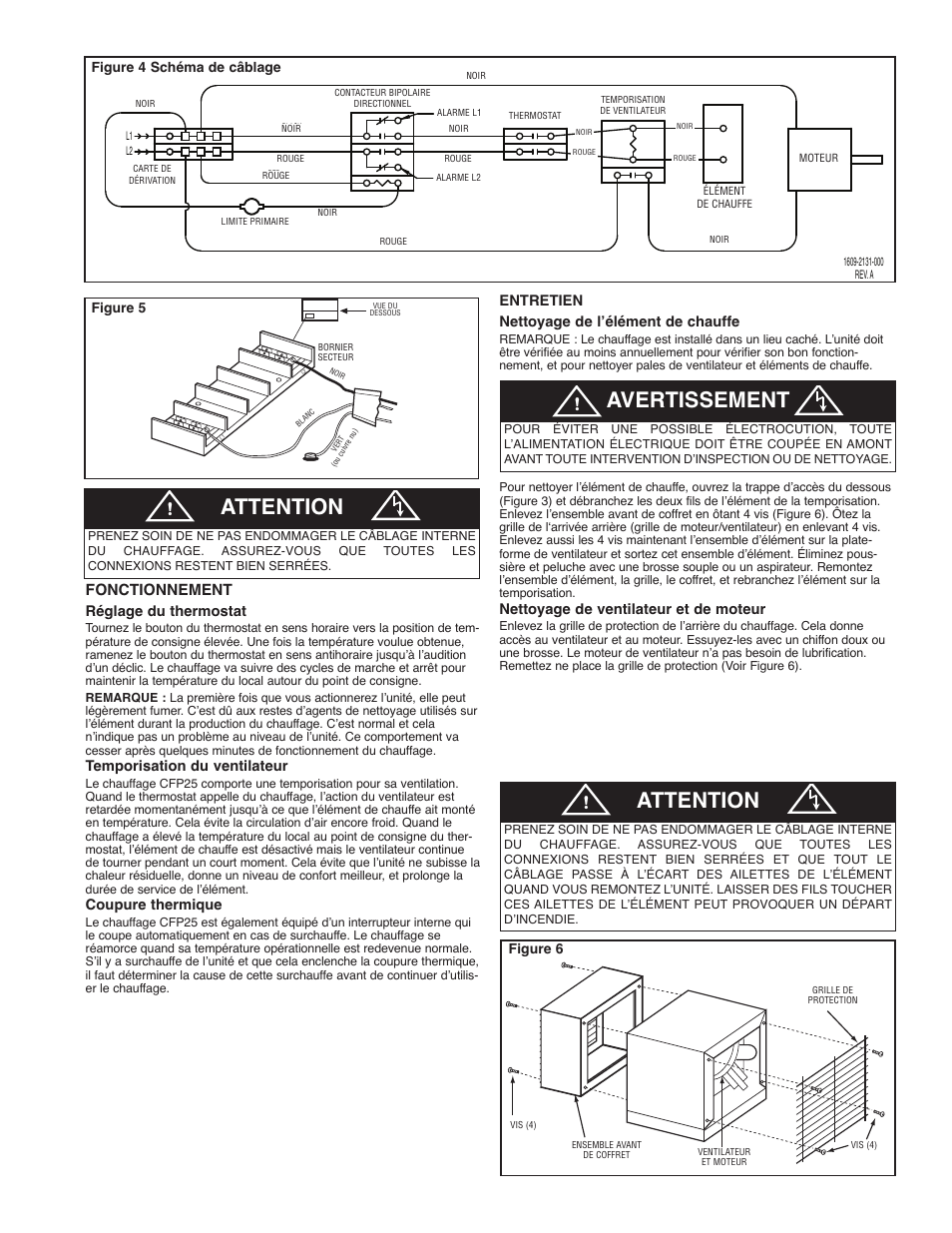 Attention, Avertissement, Fonctionnement | Réglage du thermostat, Temporisation du ventilateur, Coupure thermique, Entretien nettoyage de l’élément de chauffe, Nettoyage de ventilateur et de moteur, Figure 5, Motor tap board | Qmark CHPR25 - Compact Freeze Protection Heater User Manual | Page 11 / 12