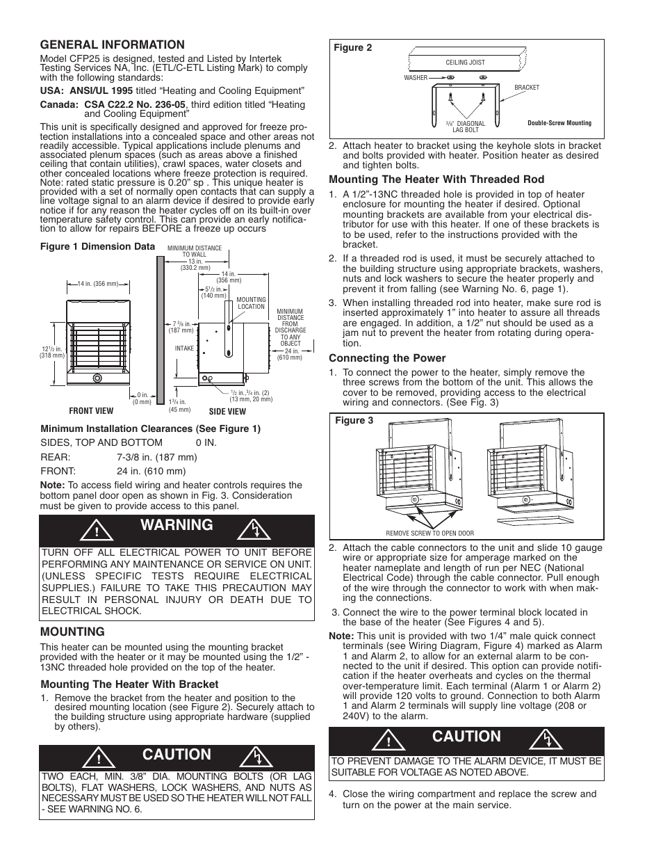 Warning, Caution, General information | Mounting | Qmark CHPR25 - Compact Freeze Protection Heater User Manual | Page 2 / 12