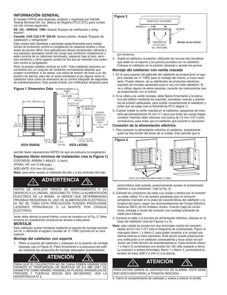 Advertencia, Atención, Información general | Montaje | Qmark CHPR25 - Compact Freeze Protection Heater User Manual | Page 6 / 12