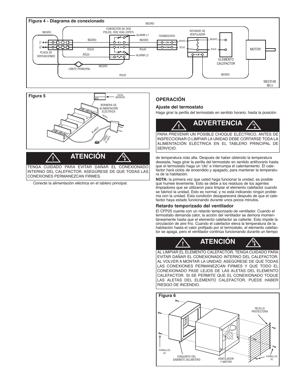 Atención, Advertencia, Operación | Ajuste del termostato, Retardo temporizado del ventilador, Figura 5, Motor tap board, Fan delay, Figura 4 - diagrama de conexionado, Figura 6 | Qmark CHPR25 - Compact Freeze Protection Heater User Manual | Page 7 / 12
