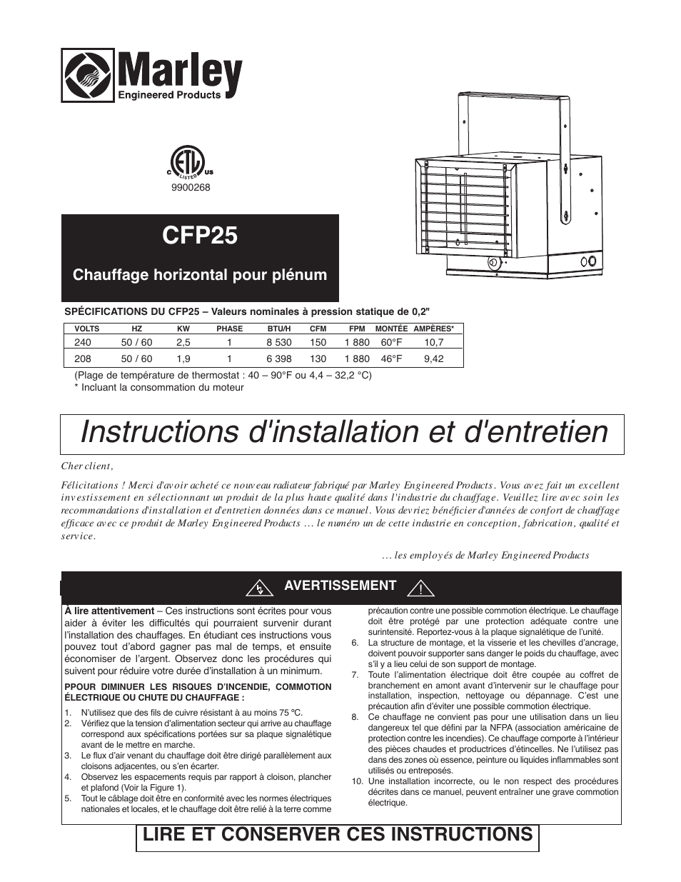 Instructions d'installation et d'entretien, Cfp25, Lire et conserver ces instructions | Chauffage horizontal pour plénum, Avertissement | Qmark CHPR25 - Compact Freeze Protection Heater User Manual | Page 9 / 12