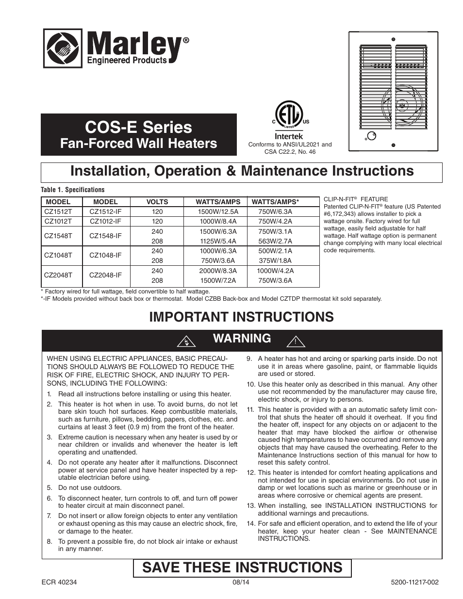 Qmark COS-E Series - Residential Fan-Forced Zonal Wall Heaters User Manual | 12 pages