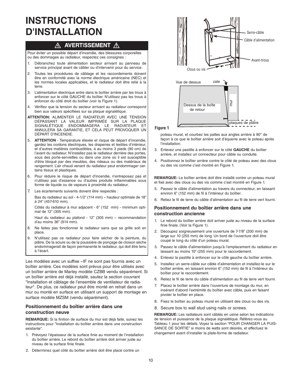 Instructions d'installation | Qmark COS-E Series - Residential Fan-Forced Zonal Wall Heaters User Manual | Page 10 / 12