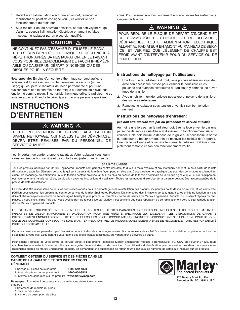 Instructions d’entretien | Qmark COS-E Series - Residential Fan-Forced Zonal Wall Heaters User Manual | Page 12 / 12