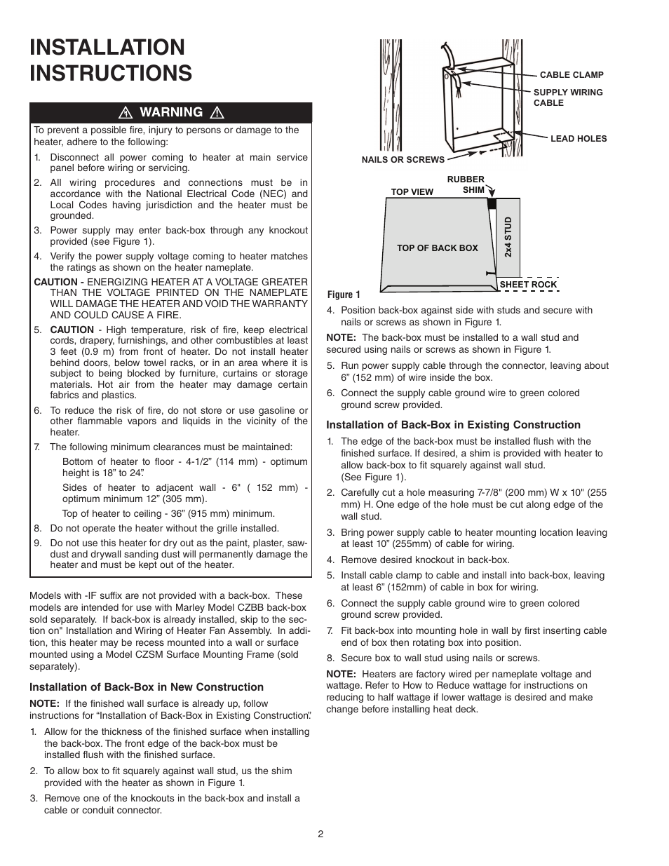Installation instructions | Qmark COS-E Series - Residential Fan-Forced Zonal Wall Heaters User Manual | Page 2 / 12