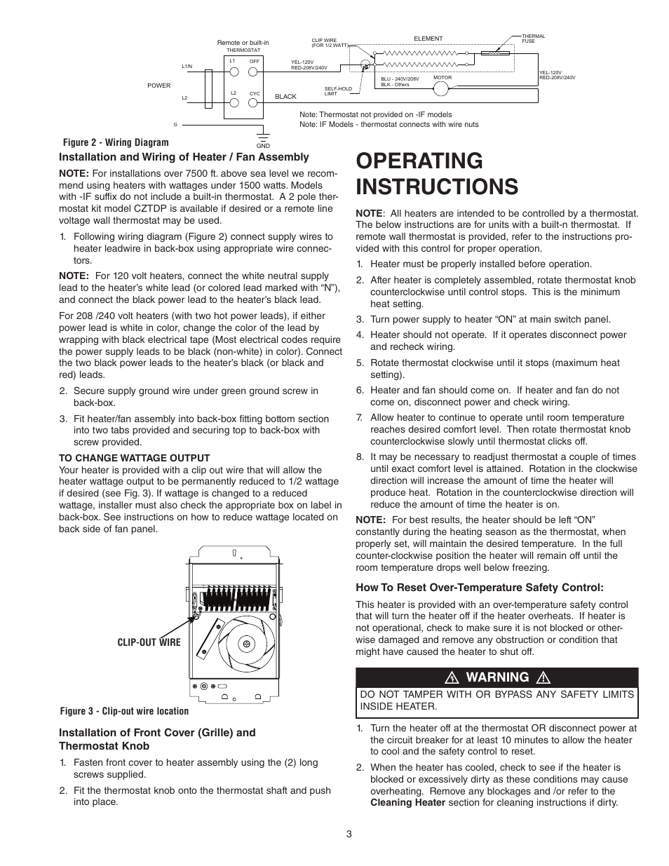 Operating instructions, Installation and wiring of heater / fan assembly, How to reset over-temperature safety control | Qmark COS-E Series - Residential Fan-Forced Zonal Wall Heaters User Manual | Page 3 / 12