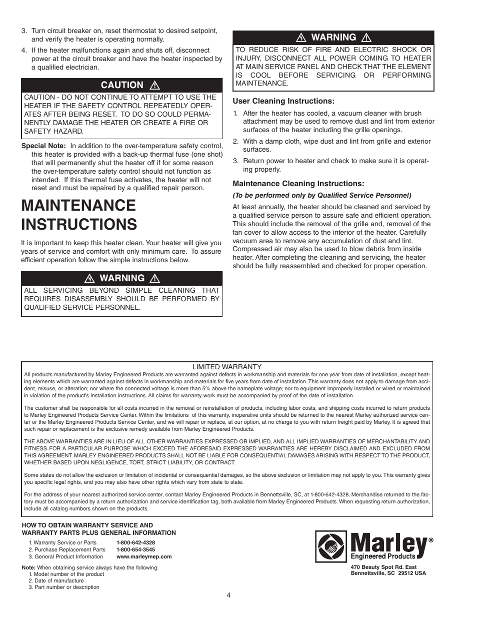 Maintenance instructions | Qmark COS-E Series - Residential Fan-Forced Zonal Wall Heaters User Manual | Page 4 / 12
